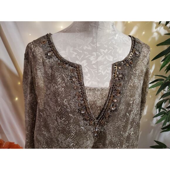 Chicos Snake Print Tunic Top Tank Set Size 3 US XL 16/18 Beaded Sheer Beige - Picture 5 of 10